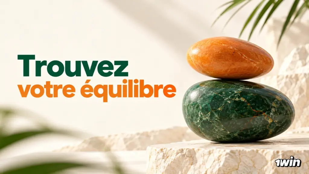 Deux galets orange et vert en équilibre sur une pierre claire