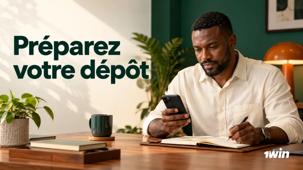 Homme consultant son téléphone et un carnet pour préparer un dépôt.