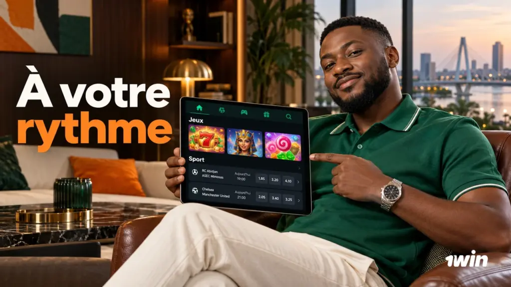 Homme montrant une tablette avec une interface de jeux illustrative.