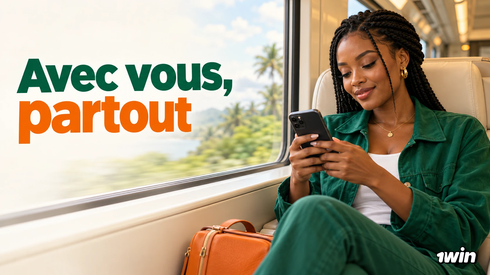 Femme utilisant son téléphone pendant un trajet, avec le message Avec vous partout et le logo 1win.