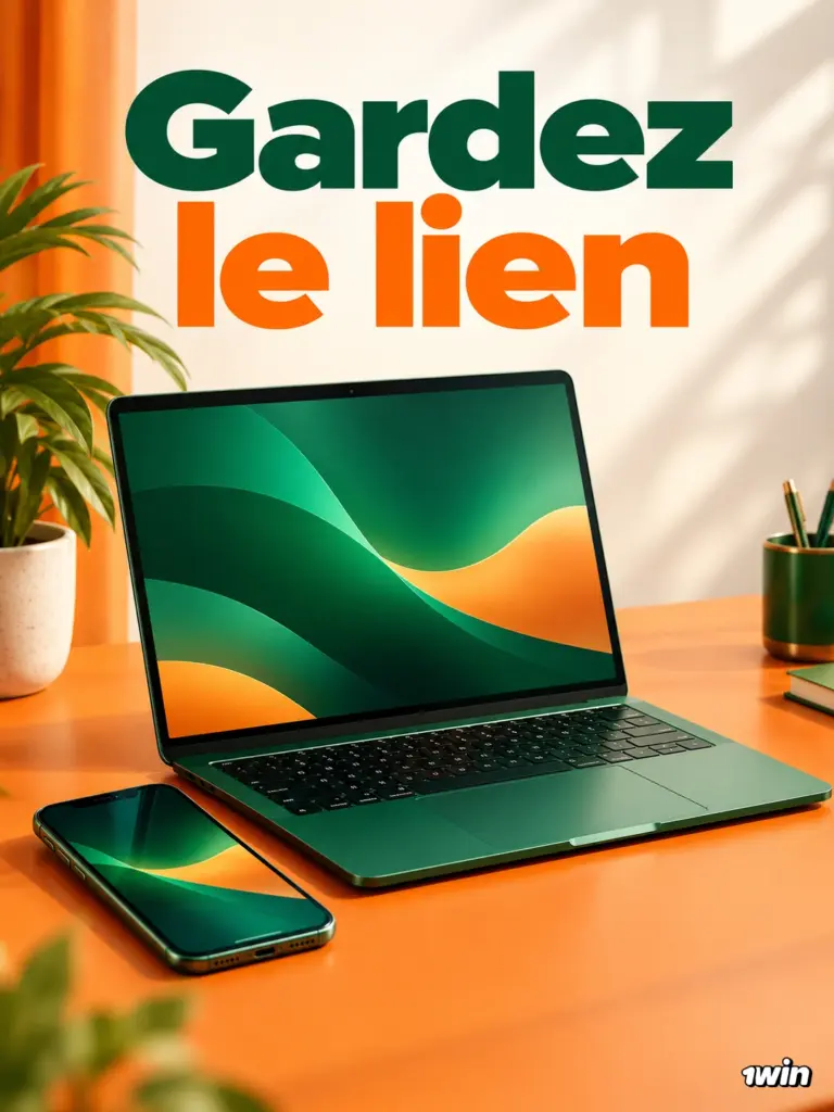 Ordinateur portable et téléphone sur une table orange avec le message Gardez le lien.